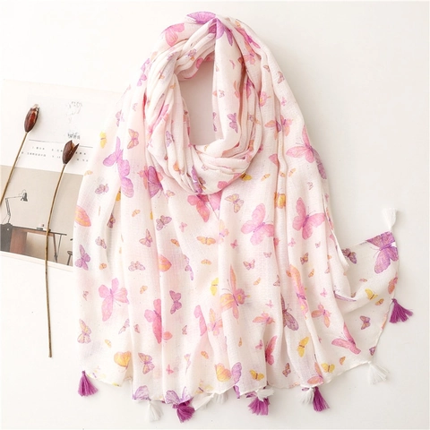 Elegant Long Scarf For Women Polyester Butterfly Print With Tassels Glitter Decoration Aesthetic Shawl Wrap