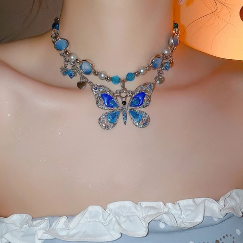 Layered Butterfly Pendant Necklace Alloy Glass Artificial Pearl Rhinestone Blue Silver Y2K Retro Jewelry For Women