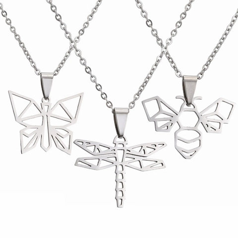 Collar Colgante De Animal Origami Hueco Acero Inoxidable Abeja Mariposa Libélula Colibrí Joyería De Moda Geométrica