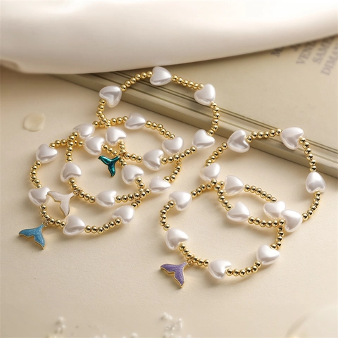 Fishtail Pendant Beaded Bracelet Heart Imitation Artificial Pearl Copper Beads Oil Drip Enamel INS Fashion Jewelry For Women