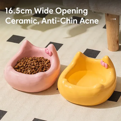 Ceramic Cat Bowl Cute Cat Ear Shaped Pet Food Water Dish Tilted Neck Protection For Cats And Small Dogs With Pink Bow