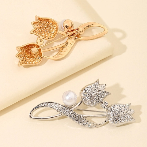 Broche de Flor de Tulipán de Aleación Elegante para Mujer Lujoso Broche de Strass con Perla Artificial para Traje