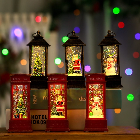 Lanterne De Noël LED Lumineuse Cabine Téléphonique Père Noël Bonhomme De Neige Ornement Résine Eau Remplie Paillettes Décoration De Bureau Vacances Style Rétro