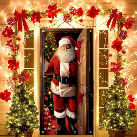 Kerst Deur Cover Banner Polyester Kerstman Bril Deur Decoratie Buiten Tuin Werf Vakantie Ophangen