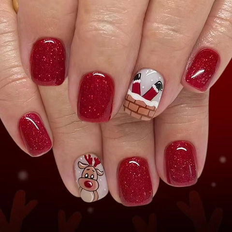 Kerst Press On Nagels Rode Glitter Glanzend Cartoon Rendier Kerstman Ontwerp Kunstnagels Voor Dames Zoete Stijl