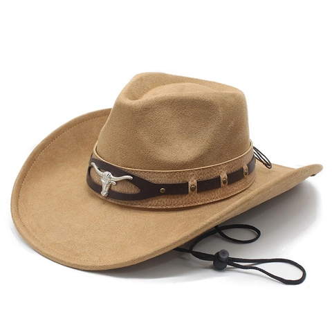 Westerse Cowboyhoed Faux Suède Brede Rand Vintage Bull Head Metalen Gesp Klinknagel Decor Verstelbaar Windtouw Zonbescherming