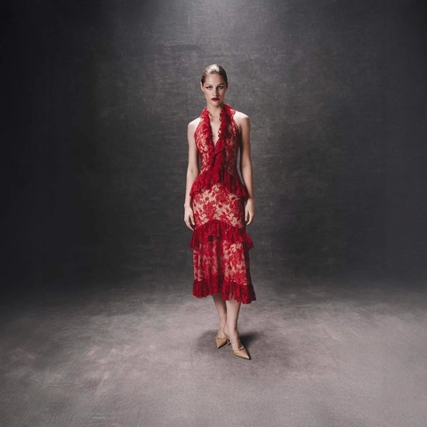 Robe En Dentelle Rouge Dos Nu Dos Nu Volants Coupe Slim Élégante Sexy Tenue De Soirée Pour Femmes