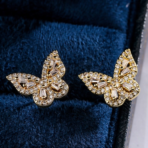 Elegant Flower Star Butterfly Stud Earrings Micro Pave Zircon Copper Gold Plated Fashion Jewelry For Women