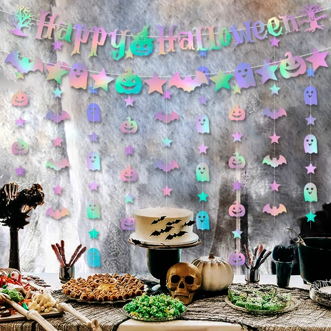 Banner Halloween Ghirlanda Carta Olografica Iridescente Insegna Sospesa Happy Halloween Pipistrello Zucca Decorazione Festa