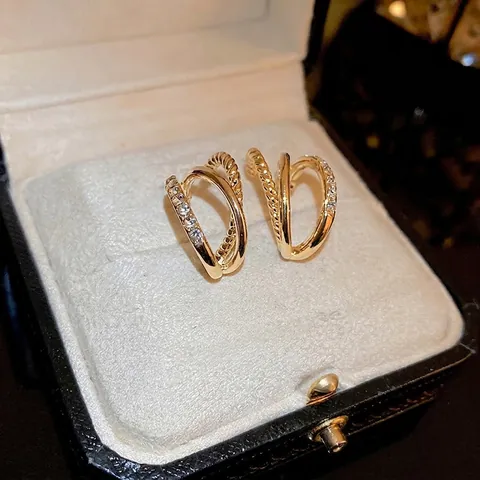 Boucles Oreilles Créoles Forme C Multi Couches Avec Tige En Argent Plaqué Or Zircone Torsadé Bijoux Élégants Femmes