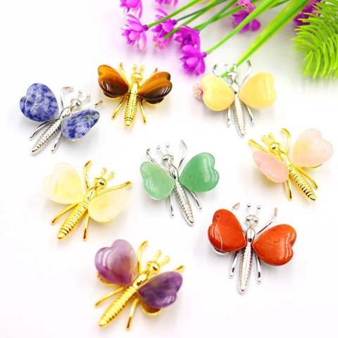 Butterfly Ornament Natural Crystal Heart Shape Stone Home Office Desk Decoration Amethyst Rose Quartz Gemstone Craft
