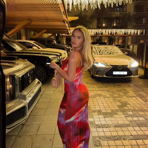 Vestido Maxi Plisado Con Estampado Abstracto Cuello Hamaca Tirantes Finos Ajuste Estrecho Sin Mangas Mujeres Vacaciones Vestido Largo