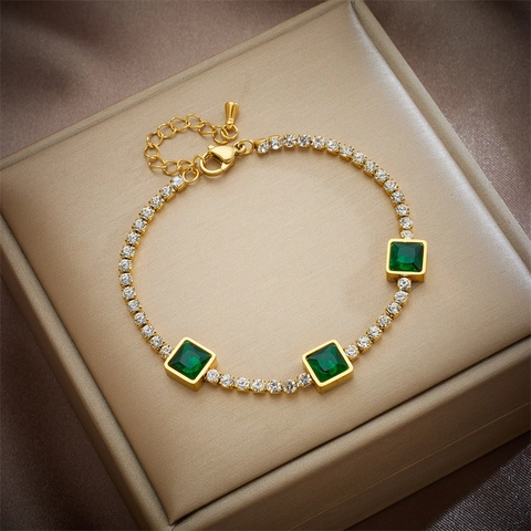 Bracciale Da Donna In Acciaio Al Titanio Placcato Oro Con Pietra Preziosa Verde Quadrata E Catena Di Zirconi Bianchi Gioielli Di Moda Regolabili