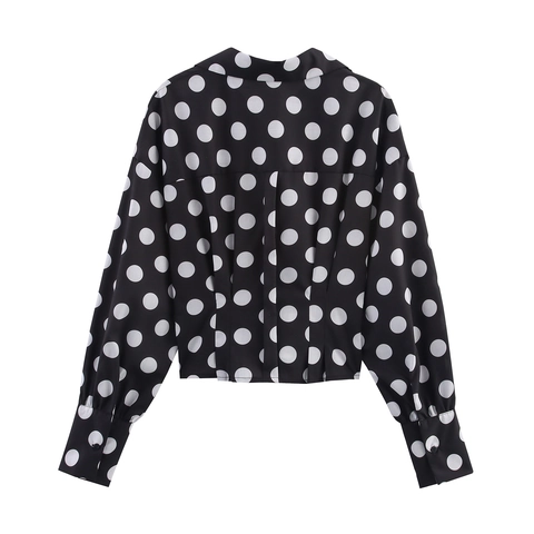 Gepunktete Langarmbluse Für Damen Mit Gürtel Harzschnalle Reverskragen Elegantes Retro Büroshemd Polyester