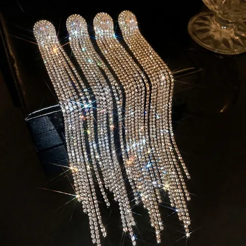 Orecchini Lunghi A Nappine Con Zircone Ovale E Strass Base In Rame Perno In Argento Lusso Per Donna Festa