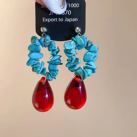 Orecchini Pendenti Bohémien Pietra Turchese Ciondolo Goccia D'acqua Rossa Perno In Argento Sterling 925 Etnici Vintage Donna