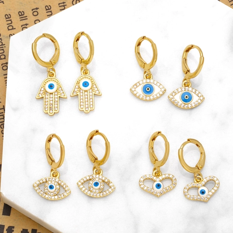 Vintage Gold Plated Copper Evil Eye Dangle Earrings With Zirconia Hamsa Hand Heart Pattern Fashion Jewelry For Women