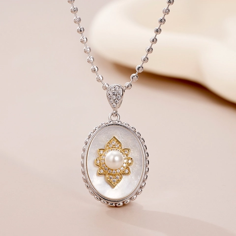 925 Sterling Silver Necklace With Oval Mother Of Artificial Pearl Pendant Vintage French Style Artificial Pearl Zircon Jewelry For Women