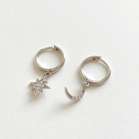 Orecchini A Cerchio Asimmetrici Stella E Luna Con Zircone Argento Sterling 925 Gioielli Stile Coreano Per Donne