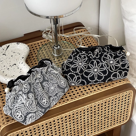 Trousse De Maquillage Vintage Broderie Motif Floral Paisley Pochette Portable Avec Fermeture Éclair En Künstliche Perle Sac En Polyester