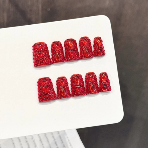Handmade Press On Nails Red Crystal Rhinestone 3D Luxury Long Square Artificial False Nails For Women Party