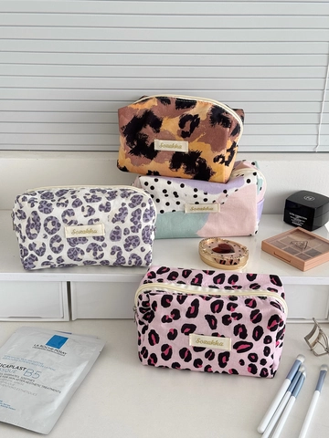 Borsa Per Trucco In Tela Di Cotone Stampa Leopardata E Pois Patchwork Grande Capacità Organizzatore Per Cosmetici Da Viaggio