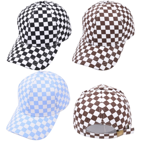 Checkerboard Muster Baumwolle Baseballkappe Verstellbare Metallschnalle Retro Mode Gebogene Krempe Sonnenhut Für Erwachsene