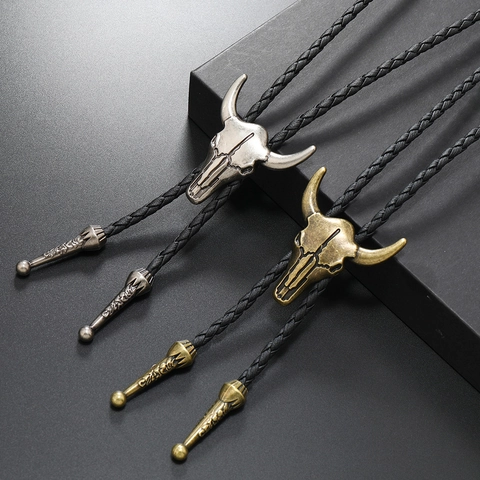 Retro Bull Head Skull Bolo Tie Necklace Alloy Metal Pendant PU Braided Leather Rope Western Cowboy Punk Jewelry
