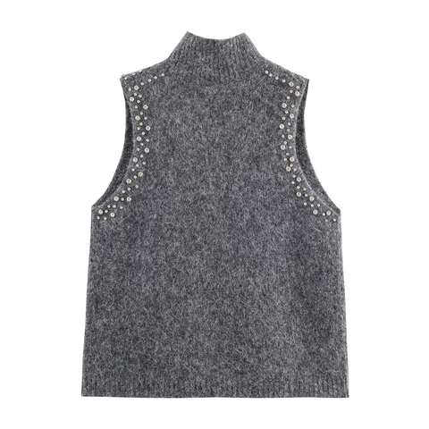 Dames Mock Neck Mouwloos Breisel Vest Strass Versiering Trui Top Losse Pasvorm Polyester Grijs Gebreide Kleding