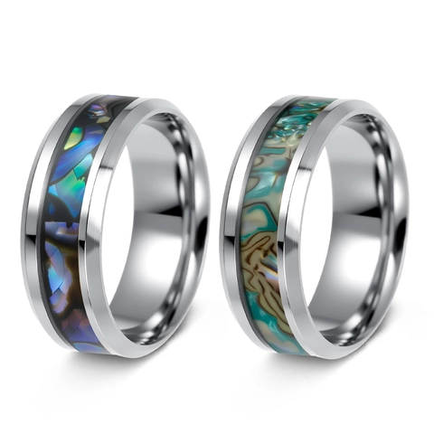Stainless Steel Ring With Inlaid Abalone Shell High Polished Beveled Edge Fashion Band Jewelry For Men Women