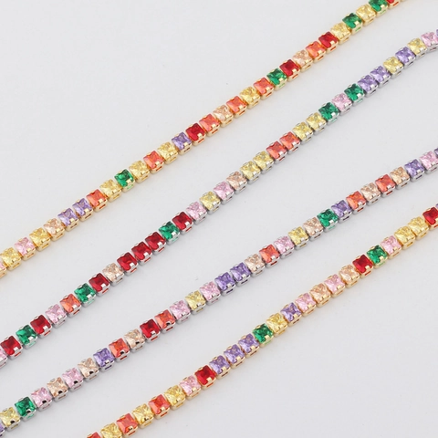 Collier Tennis Arc-En-Ciel Cuivre Plaqué Or Zircon Carré Coloré Choker Réglable Bijoux Pour Femmes