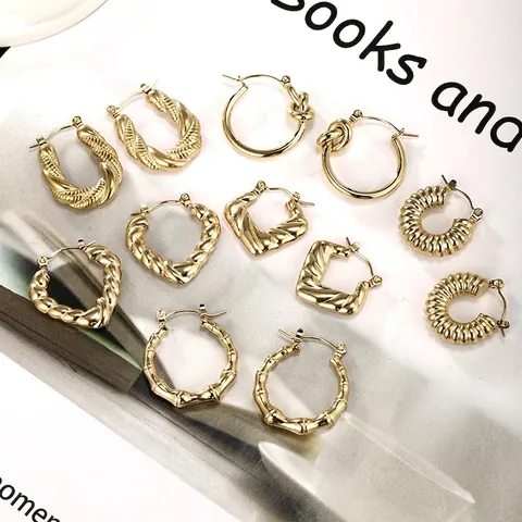 Pendientes De Aro Para Mujer De Acero Inoxidable Chapado En Oro Geometrico Torsion Nudo Textura Bambu Estilo Croissant