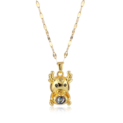 Collar Con Colgante De Buey Del Zodíaco Animado Y Pendientes Cadena De Acero Inoxidable Chapado En Oro De 18K Joyería Piedra Proyección Mujer