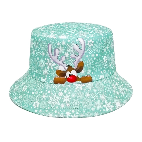 Kerst Omkeerbare Vissershoed Polyester Sneeuwvlok Rendier Print Muntgroen Zonbescherming Vakantie Feestelijk