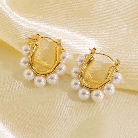 Vintage 14K Vergoldete Edelstahl Muschelperlen Ohrringe C-Form U-Form Hoop Drop Eleganter Schmuck Für Damen