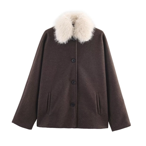 Chaqueta De Lana Para Mujer Con Cuello De Piel Sintética Color Sólido Corte Holgado Abrigo De Un Solo Pecho