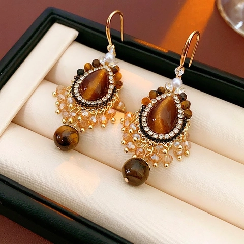 Orecchini Pendenti Vintage Occhio Di Tigre Lega Zircone Perla Artificial Sintetica Stile Palazzo Con Perno In Acciaio Donna