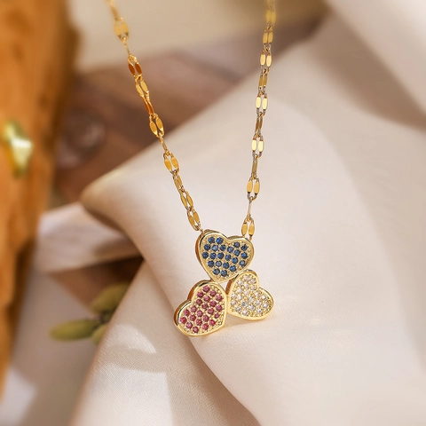 Herz Geometrischer Anhänger Halskette Kupfer Vergoldet Bunte Zirkonia Damen Mode Schlüsselbein Kette Schmuck