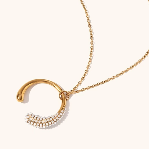 Minimalist Stainless Steel 18K Gold Plated C-Shaped Necklace And Open Ring Set With Artificial Pearl Rhinestone For Women