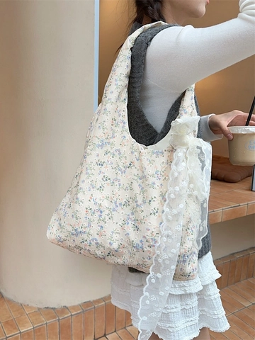 Women Floral Tote Bag Polyester Canvas Lace Bow Decoration Large Capacity Korean Style Commuter Shoulder Bag