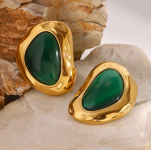 Pendientes Vintage Para Mujer Acero Inoxidable Irregular Chapado En Oro Resina Verde Estilo Esmeralda Joyería Retro
