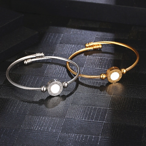 Titanium Steel Roman Numeral Open Bangle Bracelet For Women Cable Twisted Design Adjustable Fashion Jewelry Wristband Gift