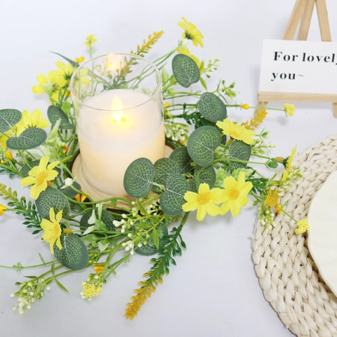 Corona Anillo Per Candela Margherita Gialla Eucalipto Artificiale Raso Plastica Decorazione Tavolo Matrimonio Primavera