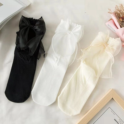 Women Sweet Cotton Mid-calf Socks With Big Organza Bow Lolita JK Style Lace Trim Solid Color Fashion Decorative Socks
