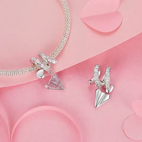 Colgante de Avión de Papel Carta de Amor Corazón de Plata de Ley 925 Esmalte Rosa Circonia para Pulsera DIY Joyería Romántica Regalo