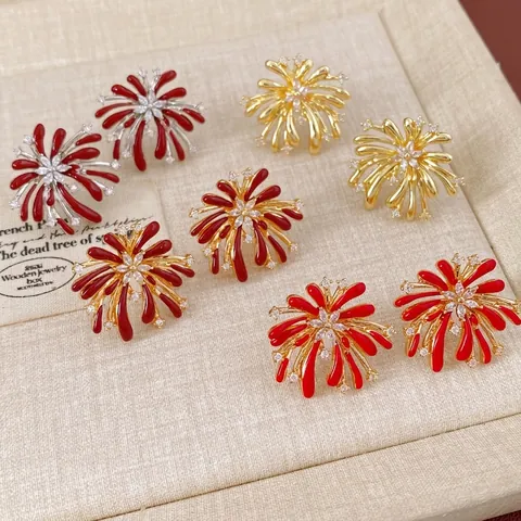 Orecchini A Lobo Fiore Fuochi D'artificio Con Smalto Zircone E Perno In Argento Gioielli Di Moda Eleganti