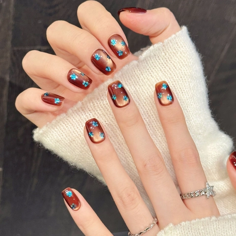 Press On Nails Handmade Caramel Brown Cat Eye With Blue Glitter Flower Short Square Artificial False Nails For Women