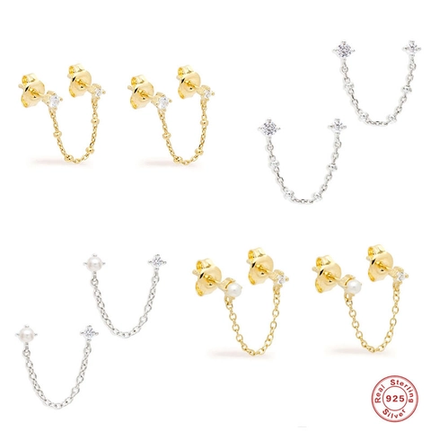 Double Piercing Link Chain Earrings Artificial Pearl AAAAA Cubic Zirconia 925 Sterling Silver Earring Post Minimalist For Women