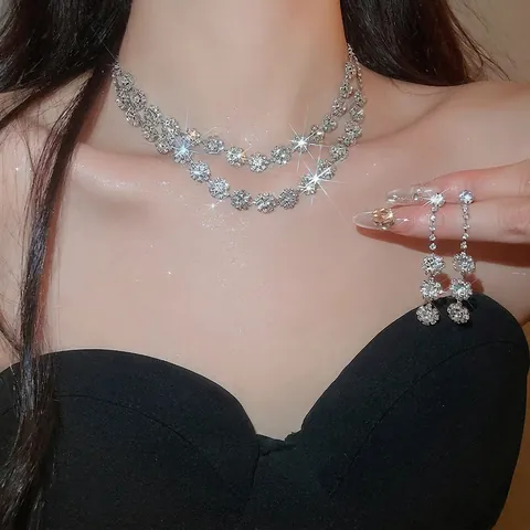 Double Layer Floral Necklace And Earrings With 925 Sterling Silver Earring Post Rhinestone Copper Jewelry For Women Wedding