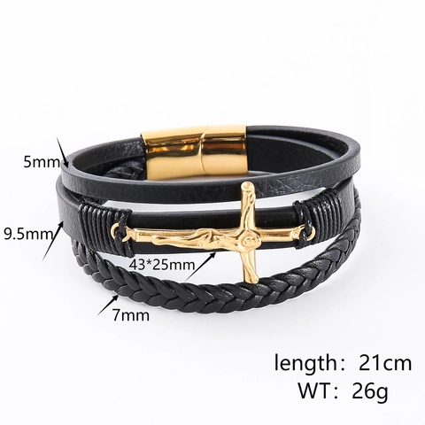 Men Multi-layer Woven Leather Bracelet With Gold 304 Stainless Steel Cross Religious Fashion Jewelry Magnetic Clasp
